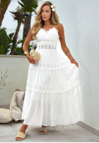 Rochie maxi na ramiączkach z koronką boho Sun Sorella albă