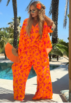 Compleu Cămașă i Pantaloni wide leg w kwiaty Haiti Flora pomarańczowo-fucsia