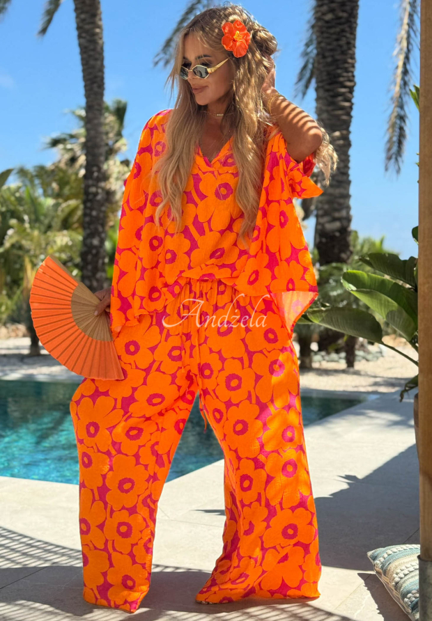 Compleu cu cămașă și pantaloni cu imprimeu floral din viscoză Haiti Flora