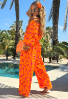 Compleu Cămașă i Pantaloni wide leg w kwiaty Haiti Flora pomarańczowo-fucsia