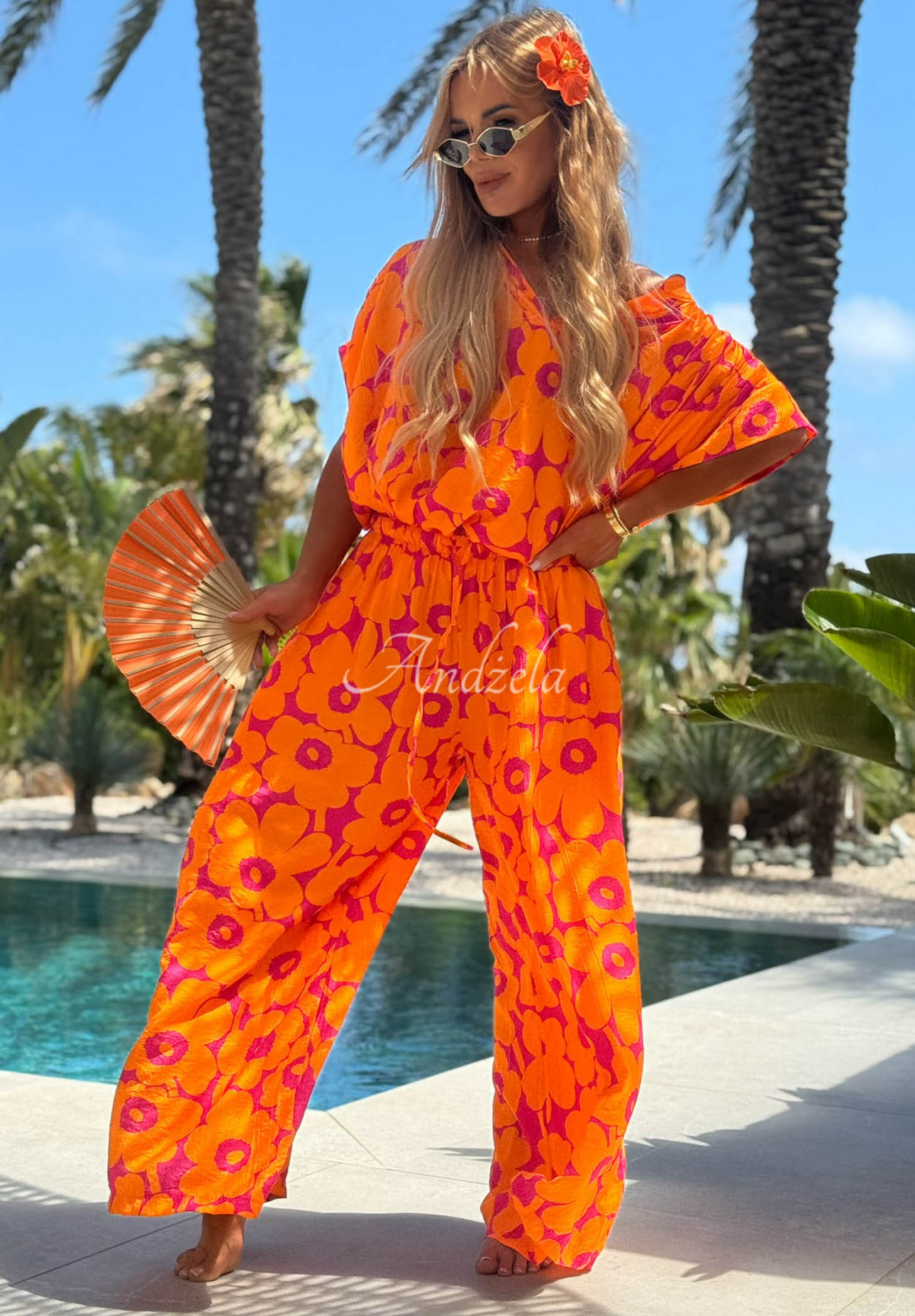 Compleu cu cămașă și pantaloni cu imprimeu floral din viscoză Haiti Flora