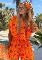 Compleu Cămașă i Pantaloni wide leg w kwiaty Haiti Flora pomarańczowo-fucsia