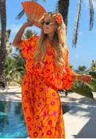 Compleu Cămașă i Pantaloni wide leg w kwiaty Haiti Flora pomarańczowo-fucsia