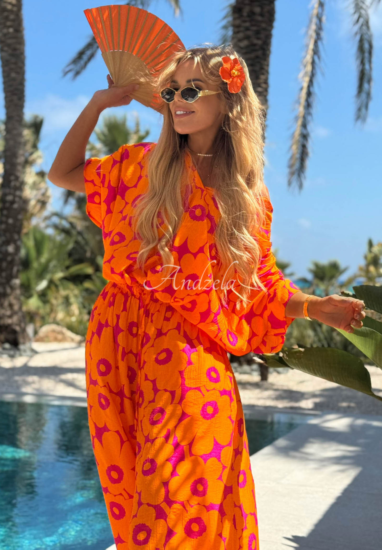 Compleu cu cămașă și pantaloni cu imprimeu floral din viscoză Haiti Flora
