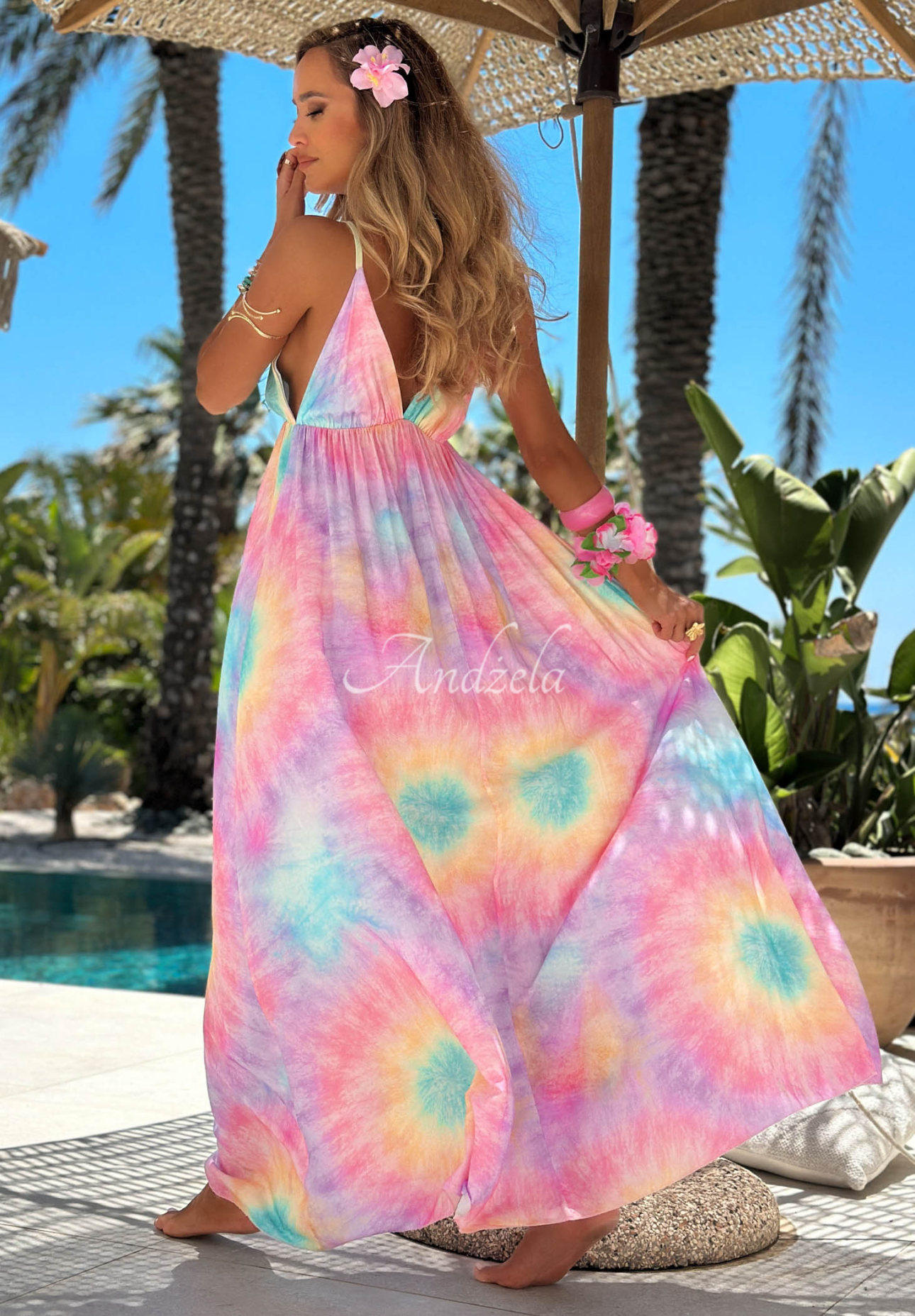 Rochie maxi din viscoză cu bretele tie dye Pastel Tropics