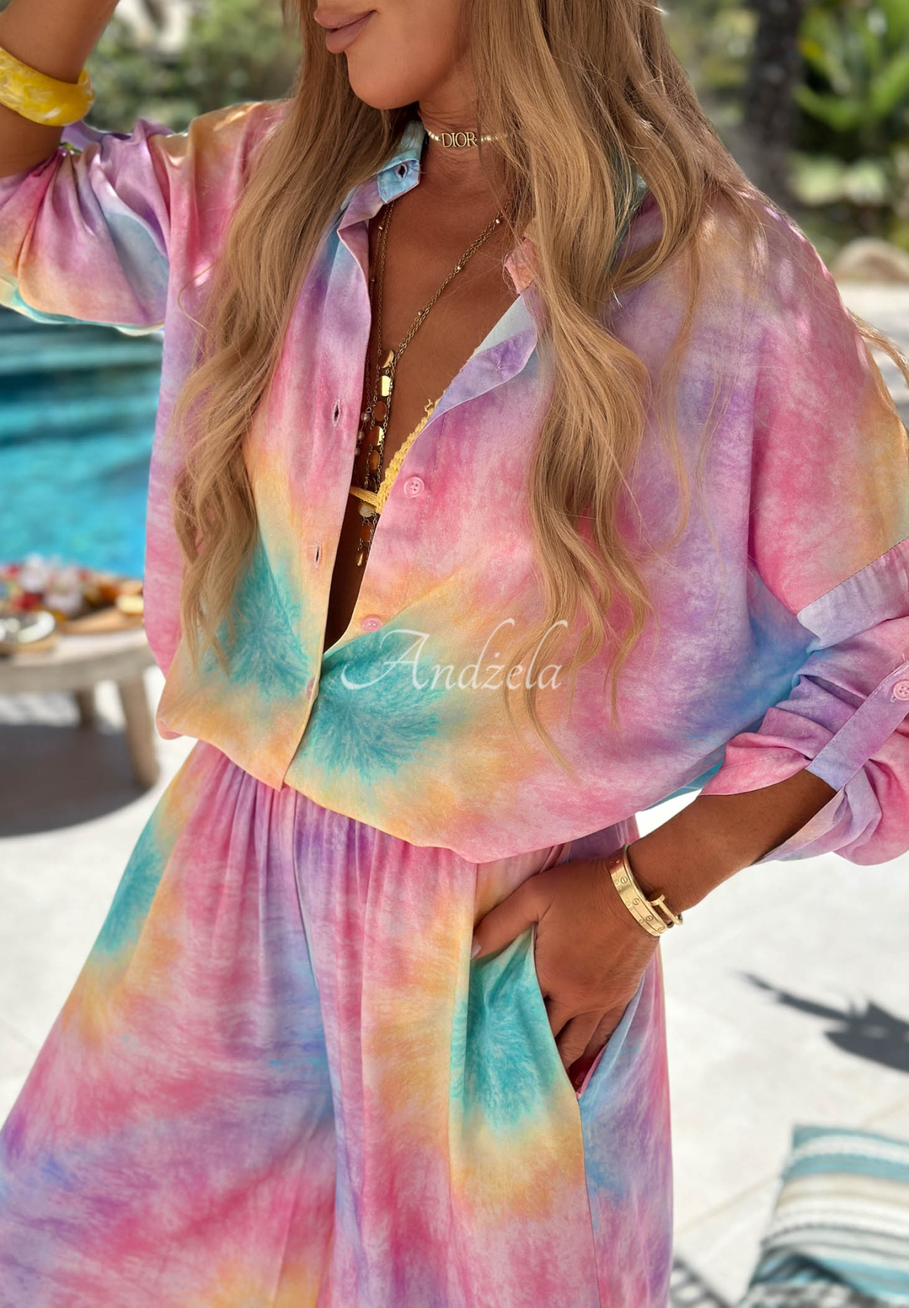 Compleu din viscoză cu cămașă și pantaloni wide leg tie dye Pastel Tropics
