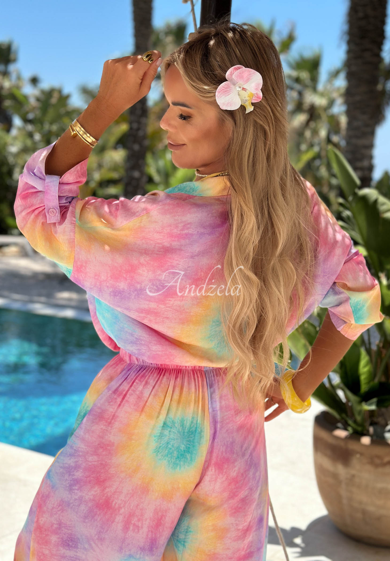 Compleu din viscoză cu cămașă și pantaloni wide leg tie dye Pastel Tropics