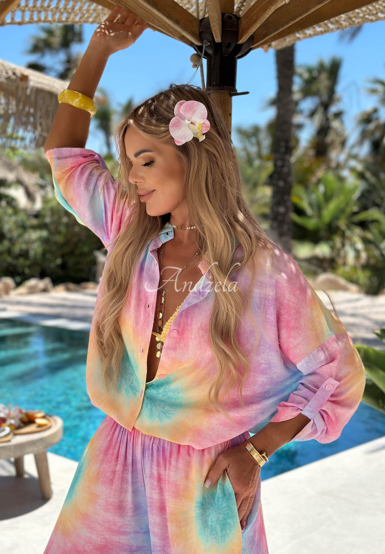 Compleu din viscoză cu cămașă și pantaloni wide leg tie dye Pastel Tropics