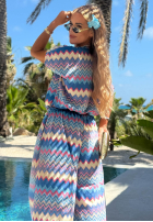 Compleu Tricou i Pantaloni wide leg cu modele Colorful Waves albastru