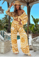Satynowy Compleu Cămașă i Pantaloni wide leg Golden Mare biało-aurii