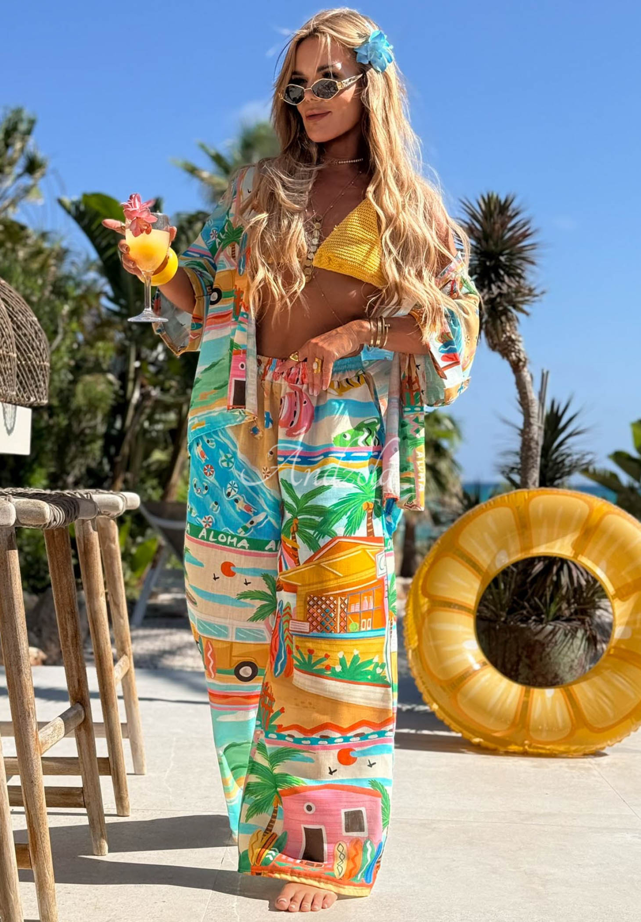 Set cu imprimeu format din cămașă și pantaloni wide leg cu bumbac și in Aloha Paradise