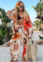 Compleu Cămașă i Pantaloni wide leg w kwiaty Summer Poppy beżowo-roșu