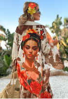 Compleu Cămașă i Pantaloni wide leg w kwiaty Summer Poppy beżowo-roșu