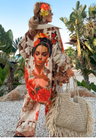 Compleu Cămașă i Pantaloni wide leg w kwiaty Summer Poppy beżowo-roșu