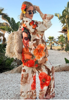 Compleu Cămașă i Pantaloni wide leg w kwiaty Summer Poppy beżowo-roșu