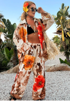Compleu Cămașă i Pantaloni wide leg w kwiaty Summer Poppy beżowo-roșu
