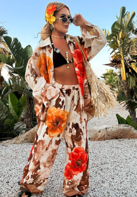 Set din in cu cămașă și pantaloni wide leg cu flori Summer Poppy
