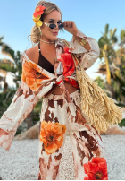 Compleu Cămașă i Pantaloni wide leg w kwiaty Summer Poppy beżowo-roșu