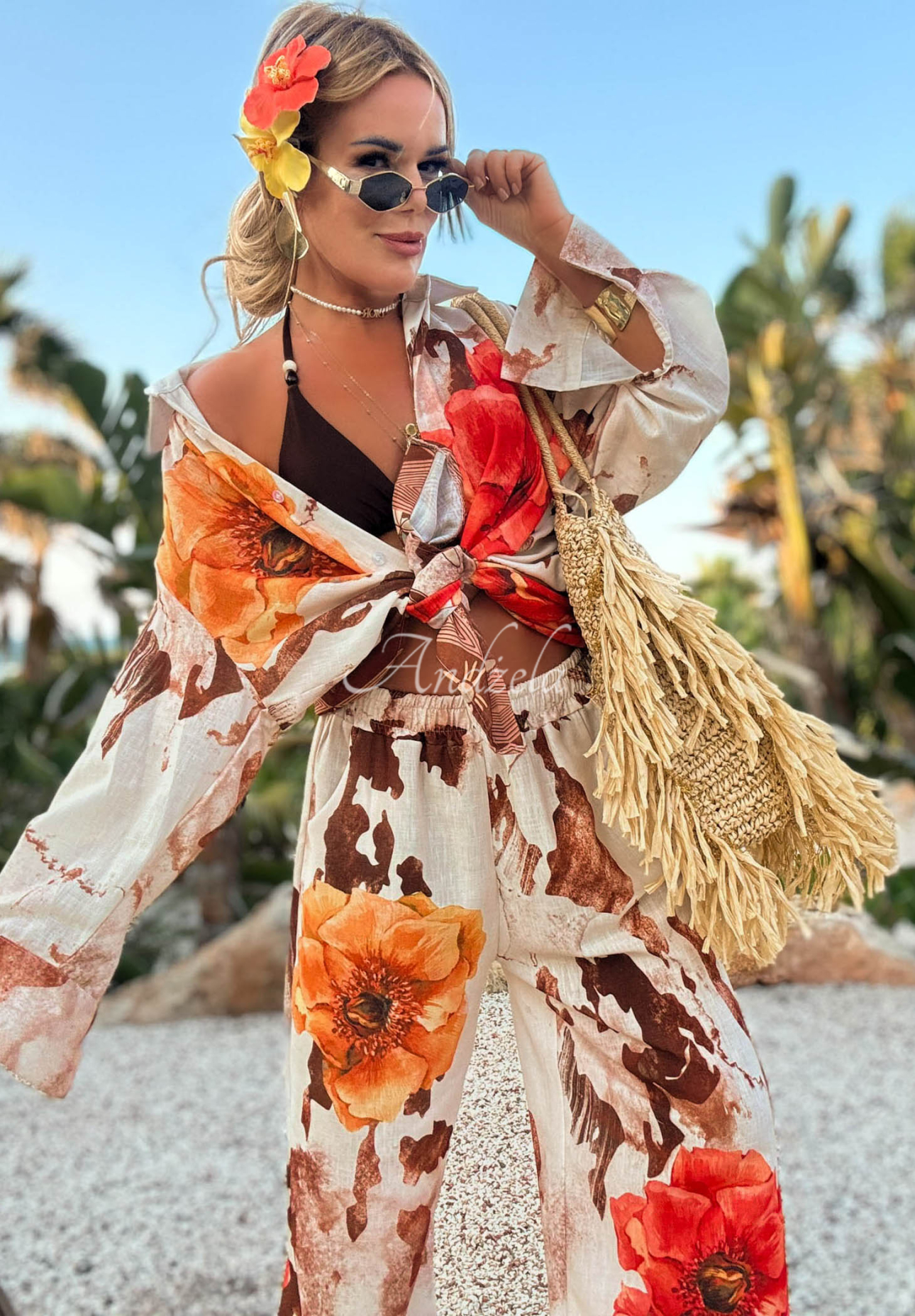 Set din in cu cămașă și pantaloni wide leg cu flori Summer Poppy