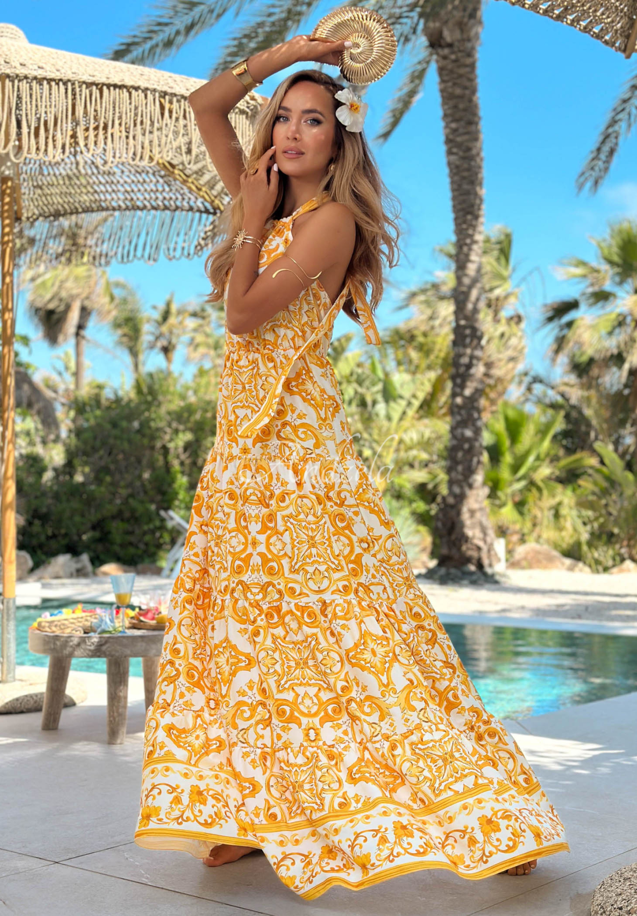 Rochie maxi cu imprimeu și viscoză cu legare la gât Perfect Sunrise