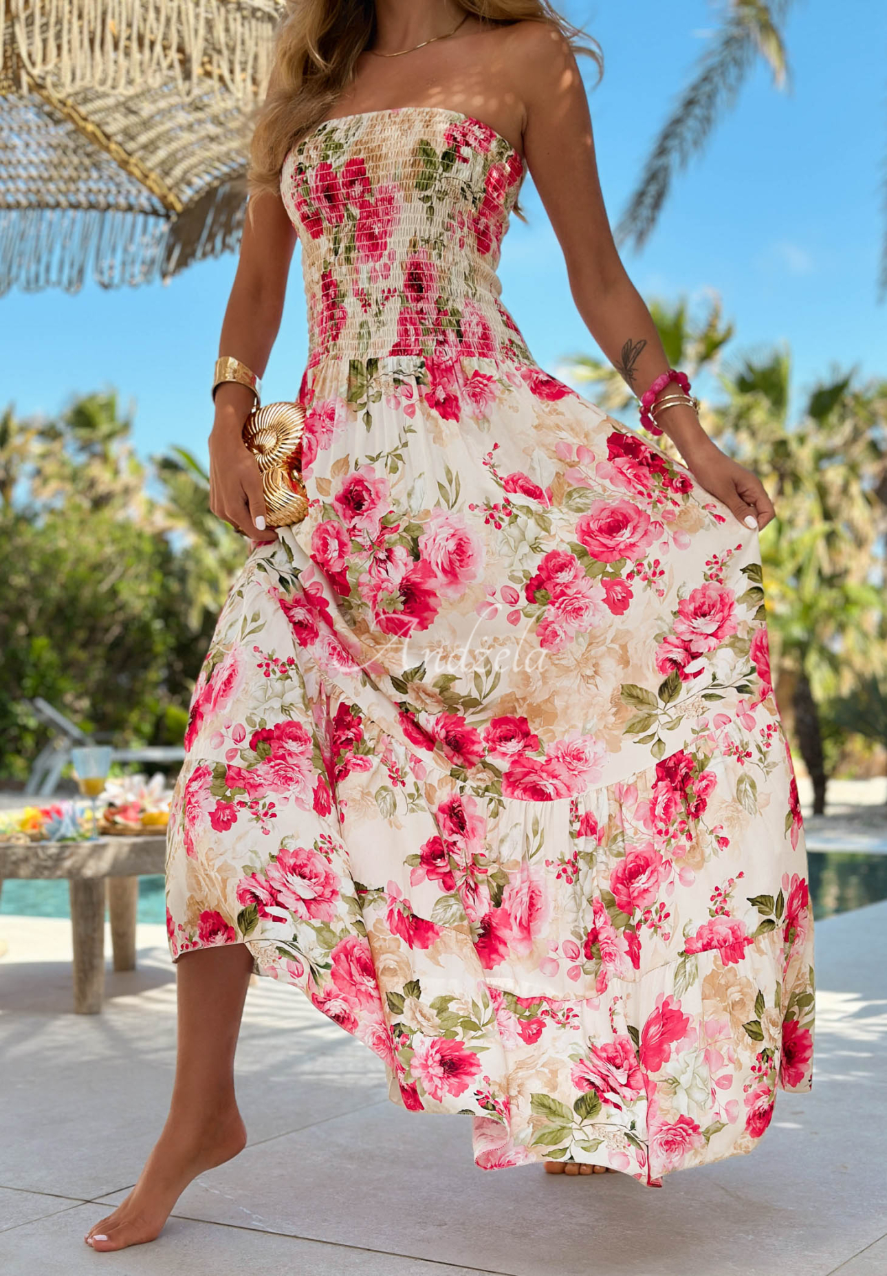 Rochie maxi florală fără bretele din viscoză Sun Bloom