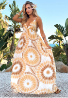 Rochie maxi na ramiączkach tie dye Sandy Tropics biało-camel