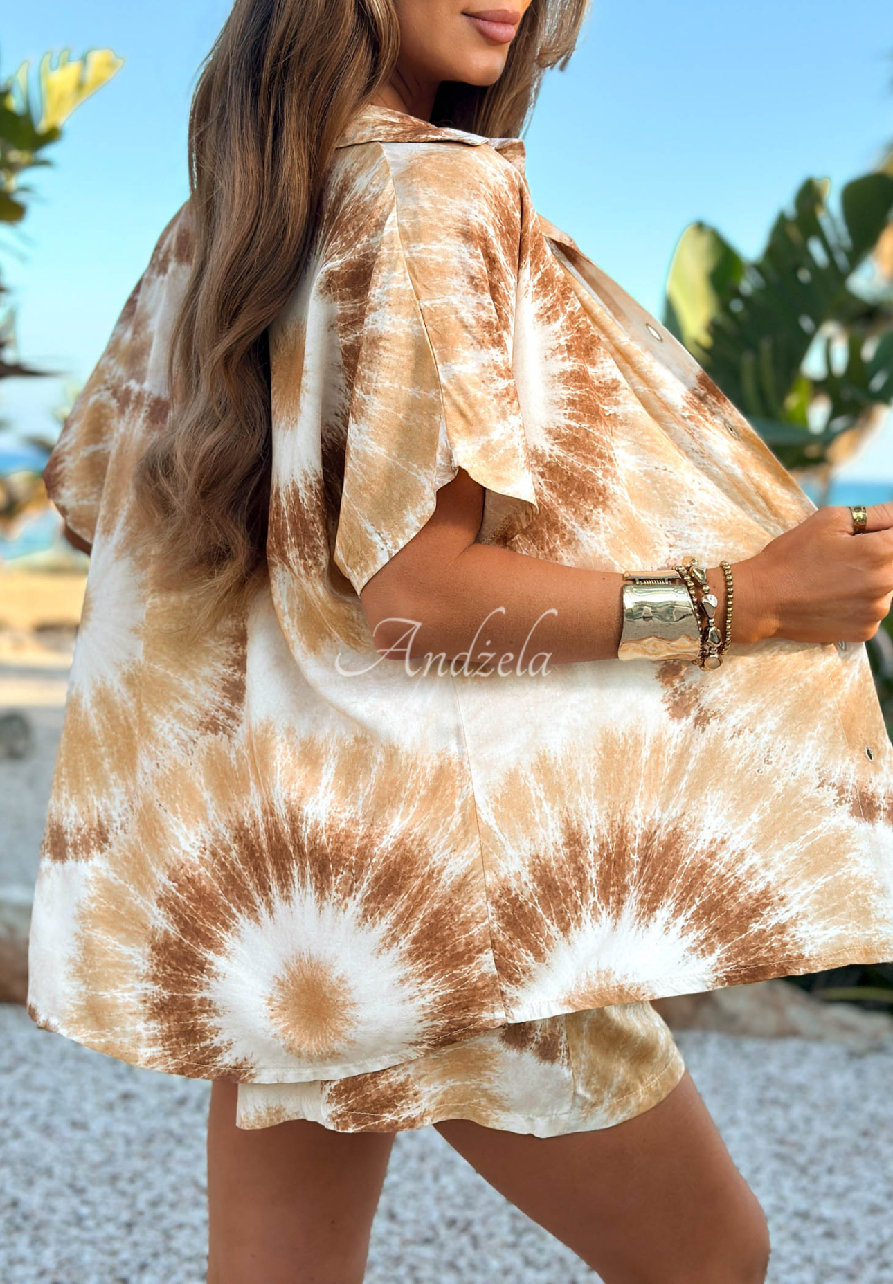 Compleu din viscoză cu cămașă și pantaloni scurți tie dye Sandy Tropics