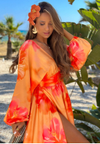 Rochie maxi z długimi rękawami w kwiaty Aloha Bloom portocalie