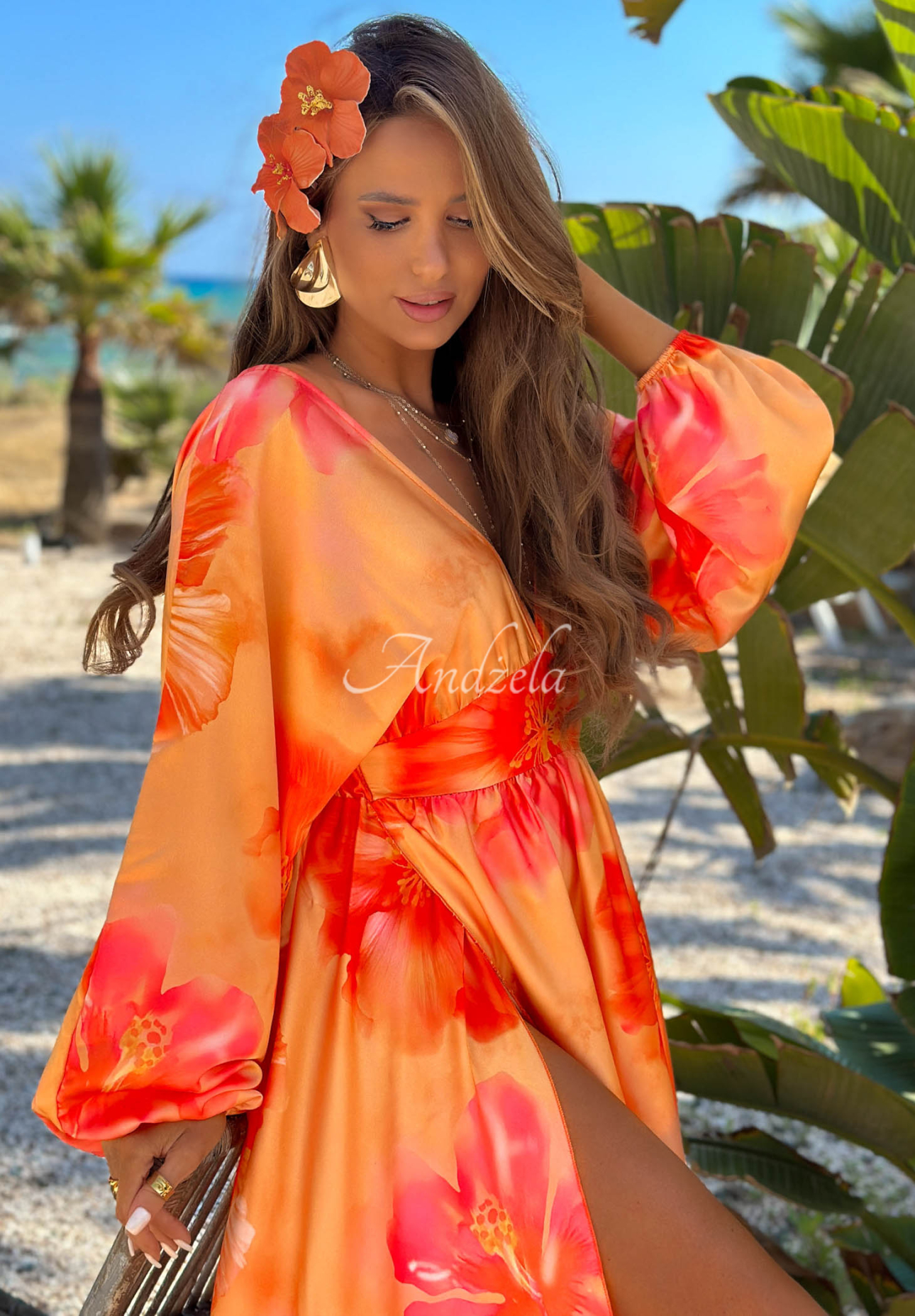 Rochie maxi cu mâneci lungi și imprimeu floral Aloha Bloom