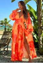 Rochie maxi z długimi rękawami w kwiaty Aloha Bloom portocalie