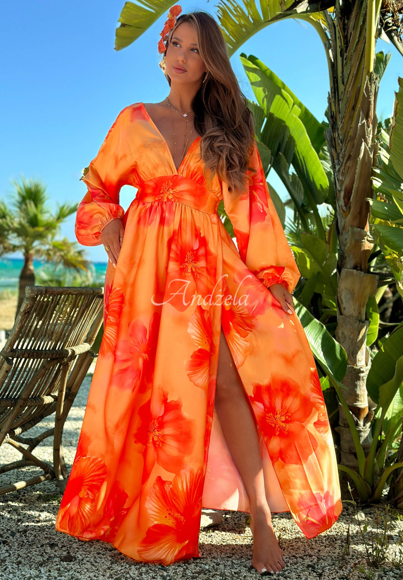 Rochie maxi cu mâneci lungi și imprimeu floral Aloha Bloom
