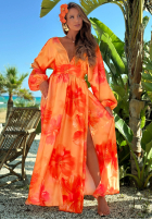 Rochie maxi z długimi rękawami w kwiaty Aloha Bloom portocalie