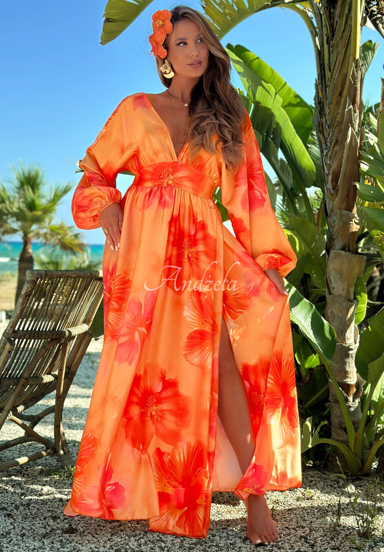 Rochie maxi cu mâneci lungi și imprimeu floral Aloha Bloom