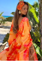 Rochie maxi z długimi rękawami w kwiaty Aloha Bloom portocalie