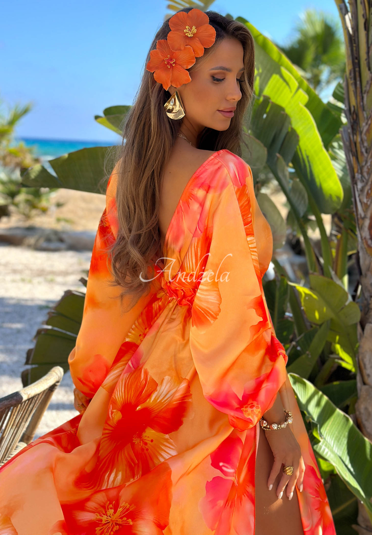 Rochie maxi cu mâneci lungi și imprimeu floral Aloha Bloom