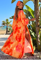 Rochie maxi z długimi rękawami w kwiaty Aloha Bloom portocalie
