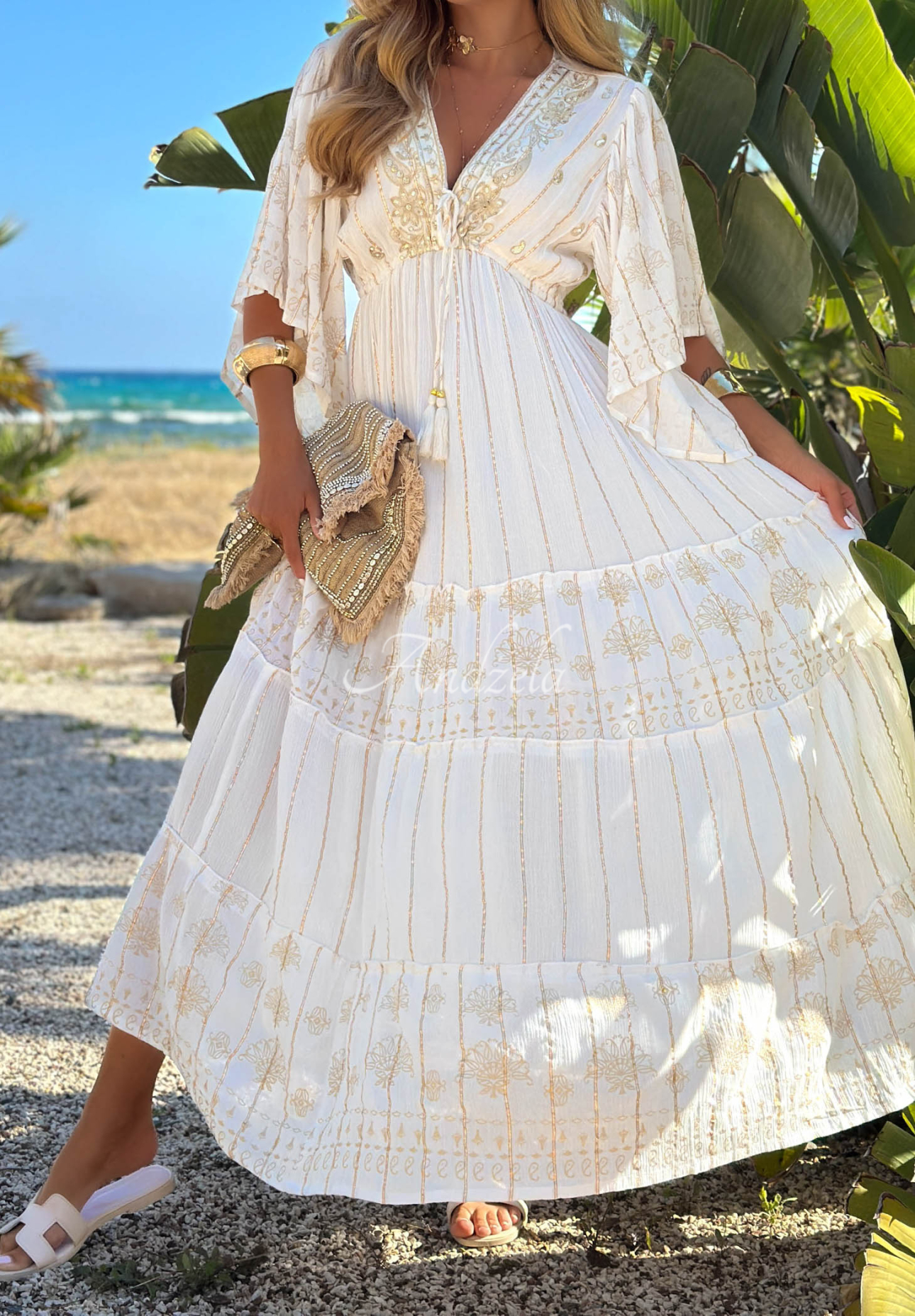 Rochie din viscoză cu broderii aurii boho Palm Royale