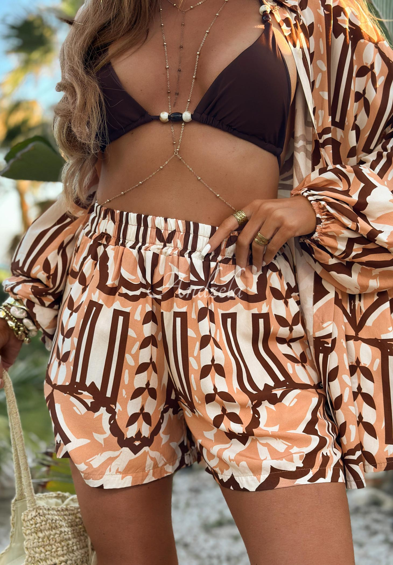 Compleu din viscoză cu cămașă și pantaloni scurți cu imprimeu Beach Dreams