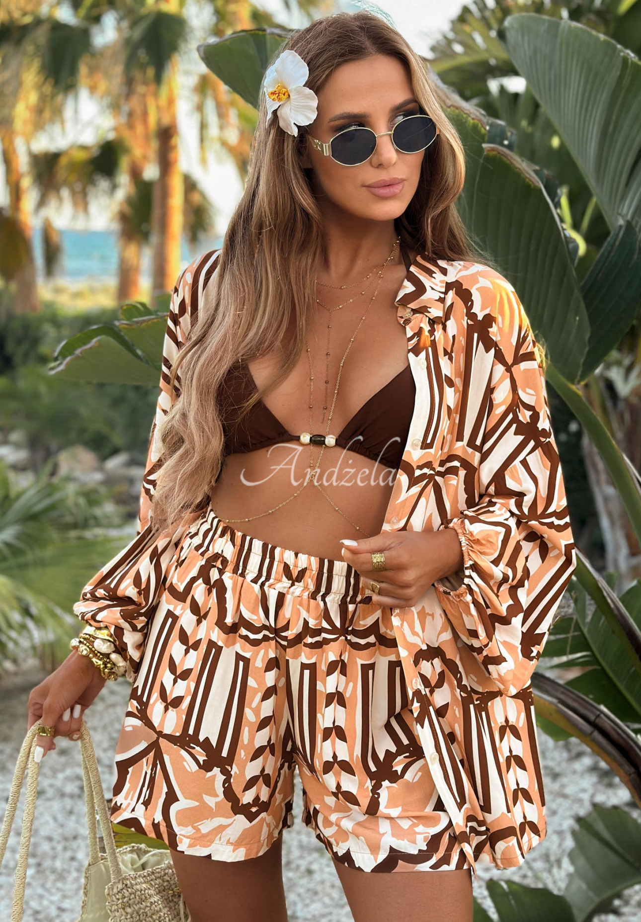 Compleu din viscoză cu cămașă și pantaloni scurți cu imprimeu Beach Dreams