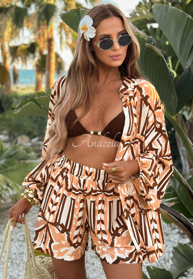 Compleu din viscoză cu cămașă și pantaloni scurți cu imprimeu Beach Dreams