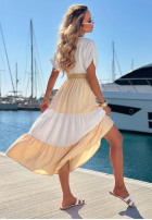 Kolorowa Rochie midi z paskiem Ocean Dream biało-ciocolatie