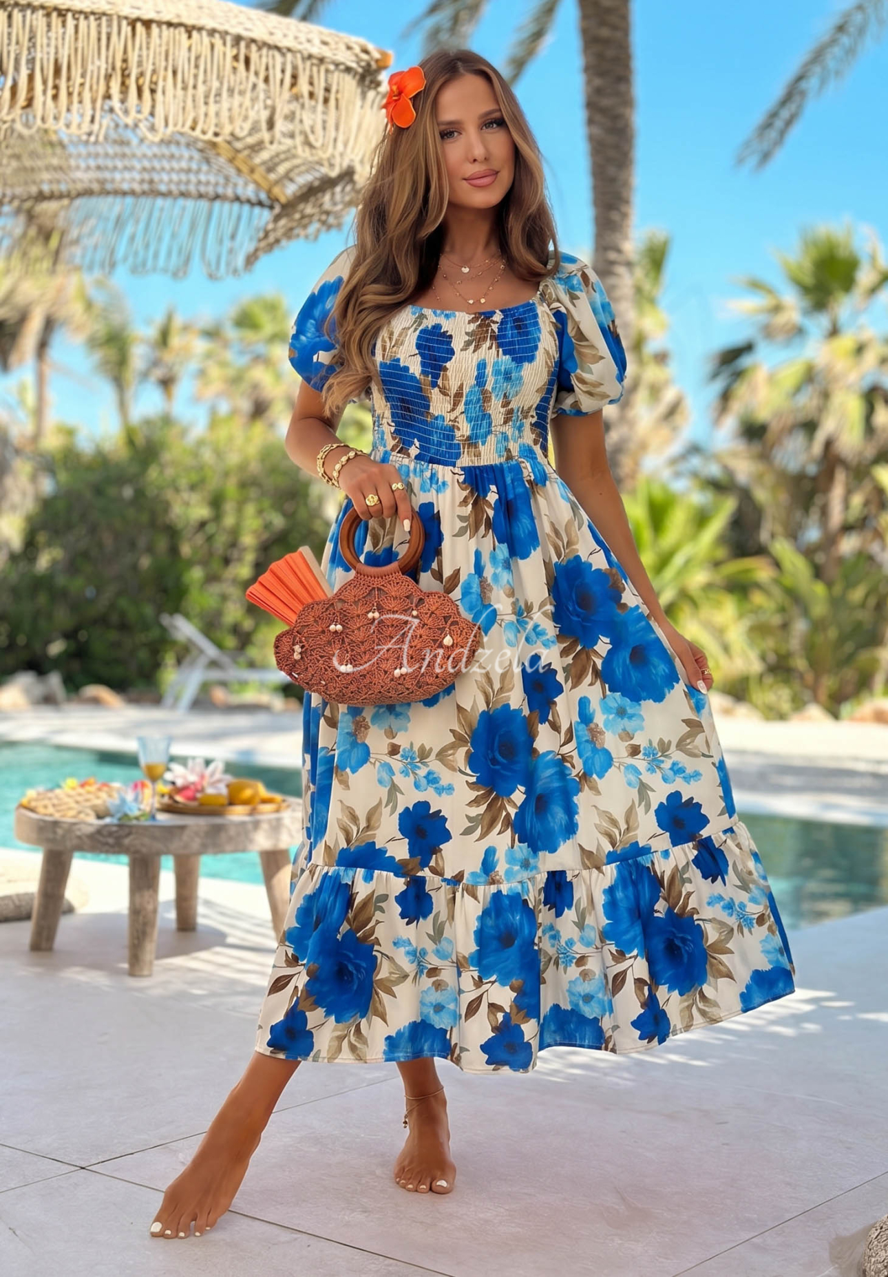 Rochie maxi spaniolă din viscoză cu flori și volănașe Fiore Sole