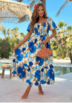 Kwiecista Rochie maxi z bufkami i falbankami Fiore Sole biało-bej