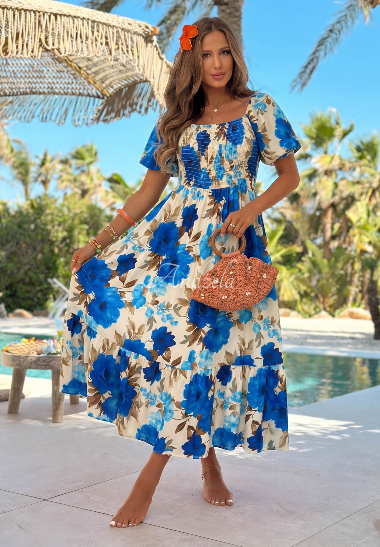 Rochie maxi spaniolă din viscoză cu flori și volănașe Fiore Sole