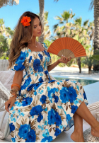 Kwiecista Rochie maxi z bufkami i falbankami Fiore Sole biało-bej