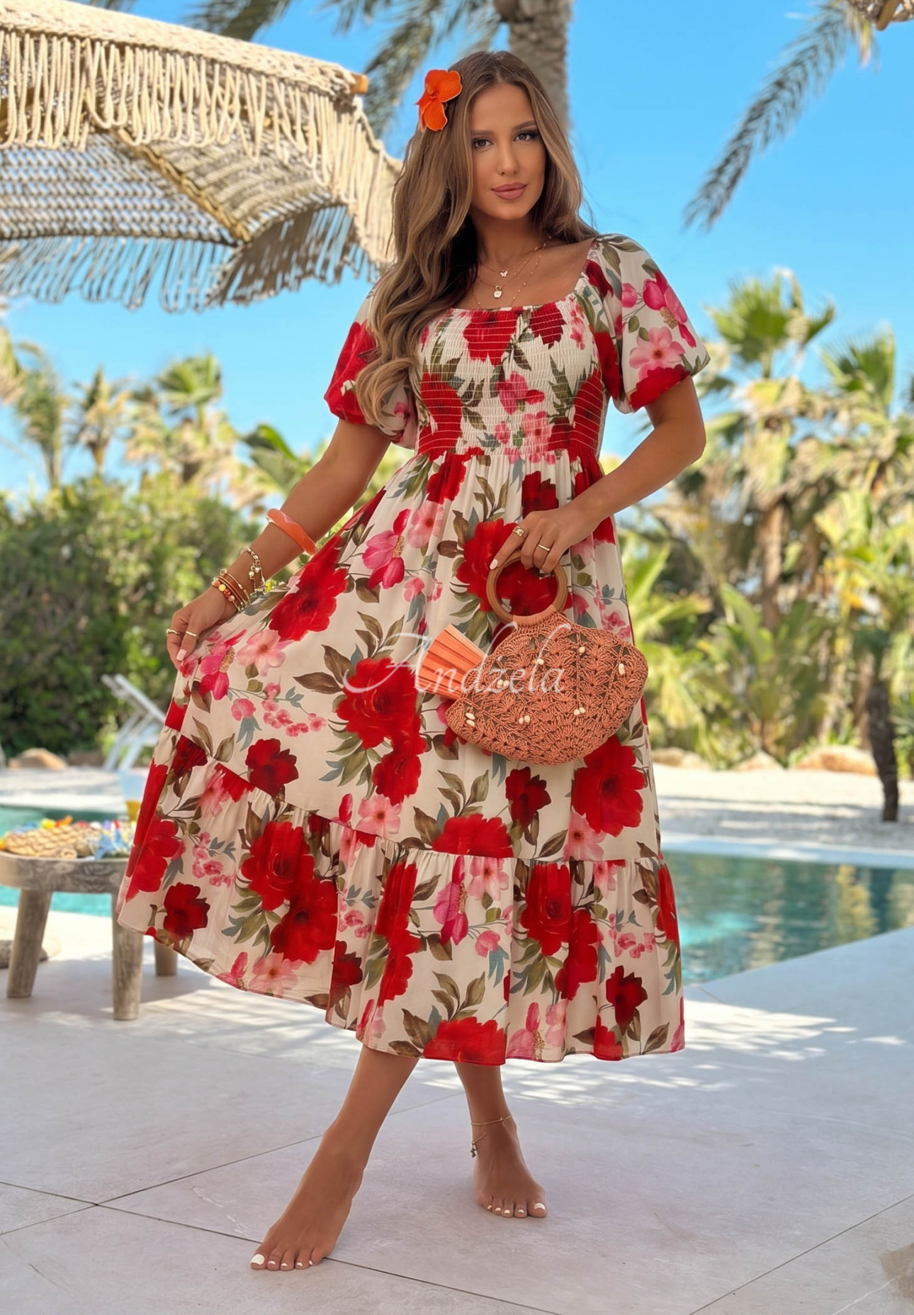 Rochie maxi spaniolă din viscoză cu flori și volănașe Fiore Sole