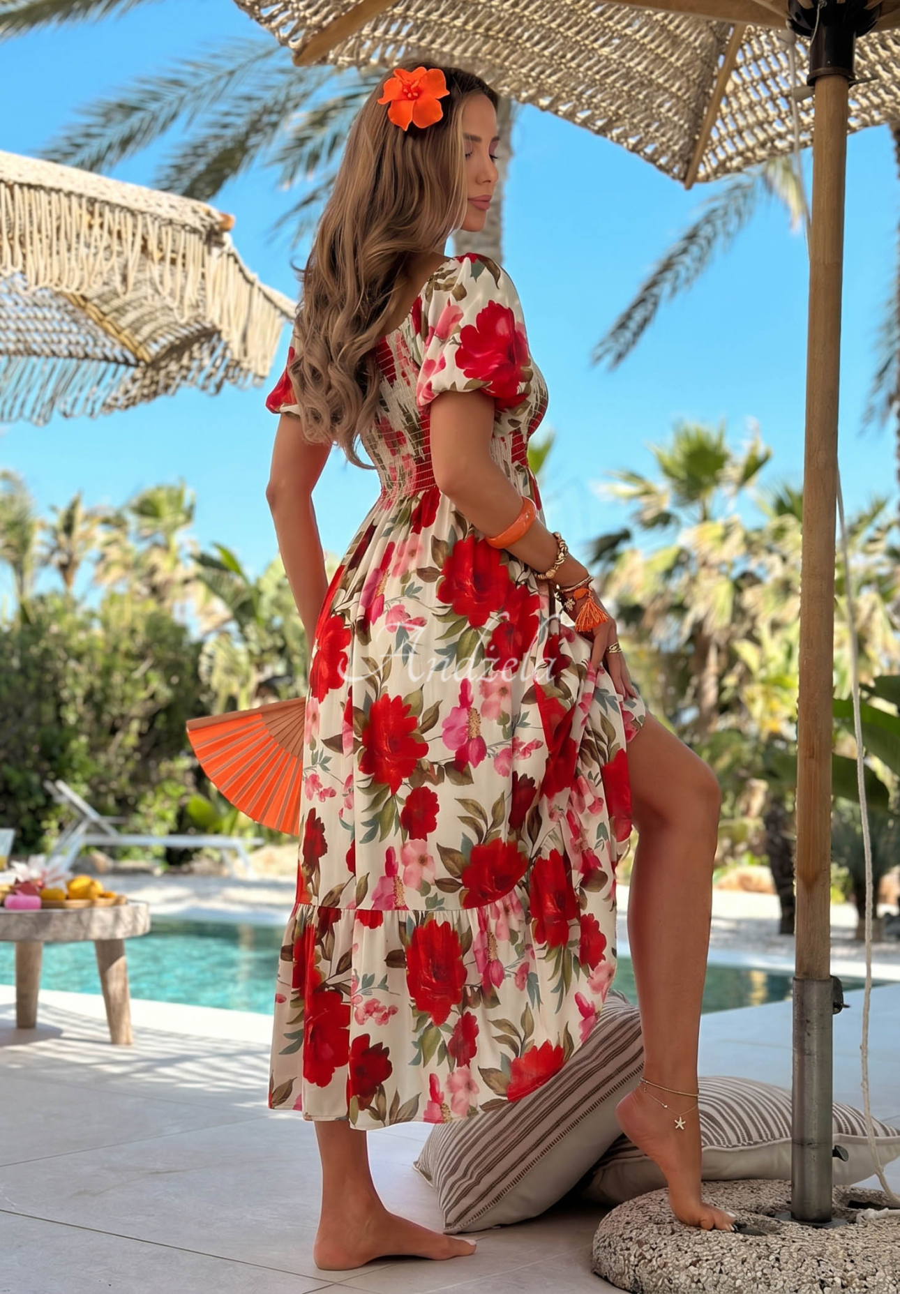 Rochie maxi spaniolă din viscoză cu flori și volănașe Fiore Sole