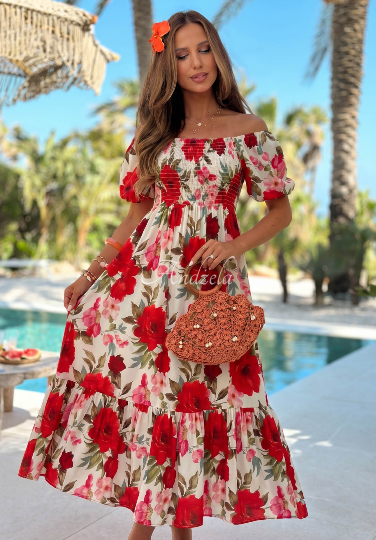 Rochie maxi spaniolă din viscoză cu flori și volănașe Fiore Sole