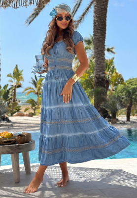 Rochie din bumbac brodată cu mâneci bufante Sunny Breeze