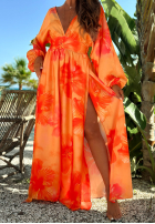 Rochie maxi z długimi rękawami w kwiaty Aloha Bloom portocalie